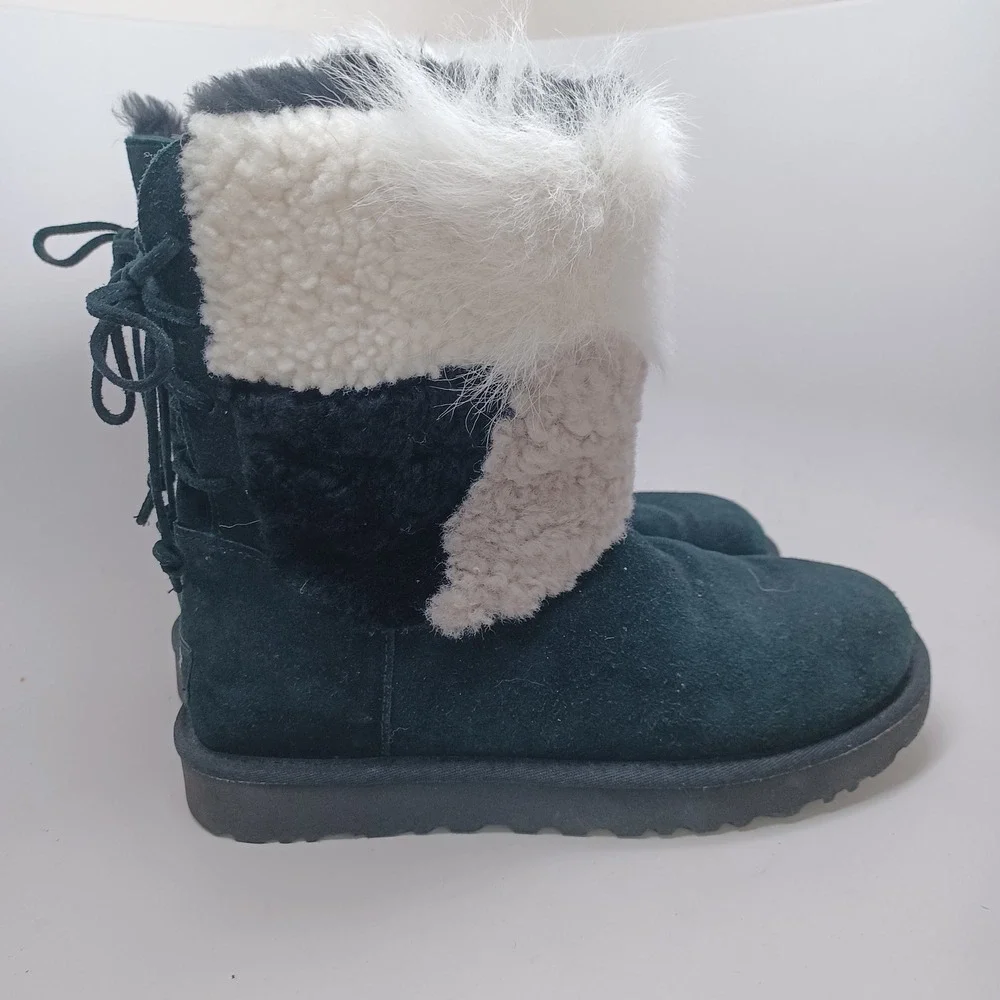 UGG Australia Women Black Suede Mixed Faux Fur Lace Up Back Boots US 8